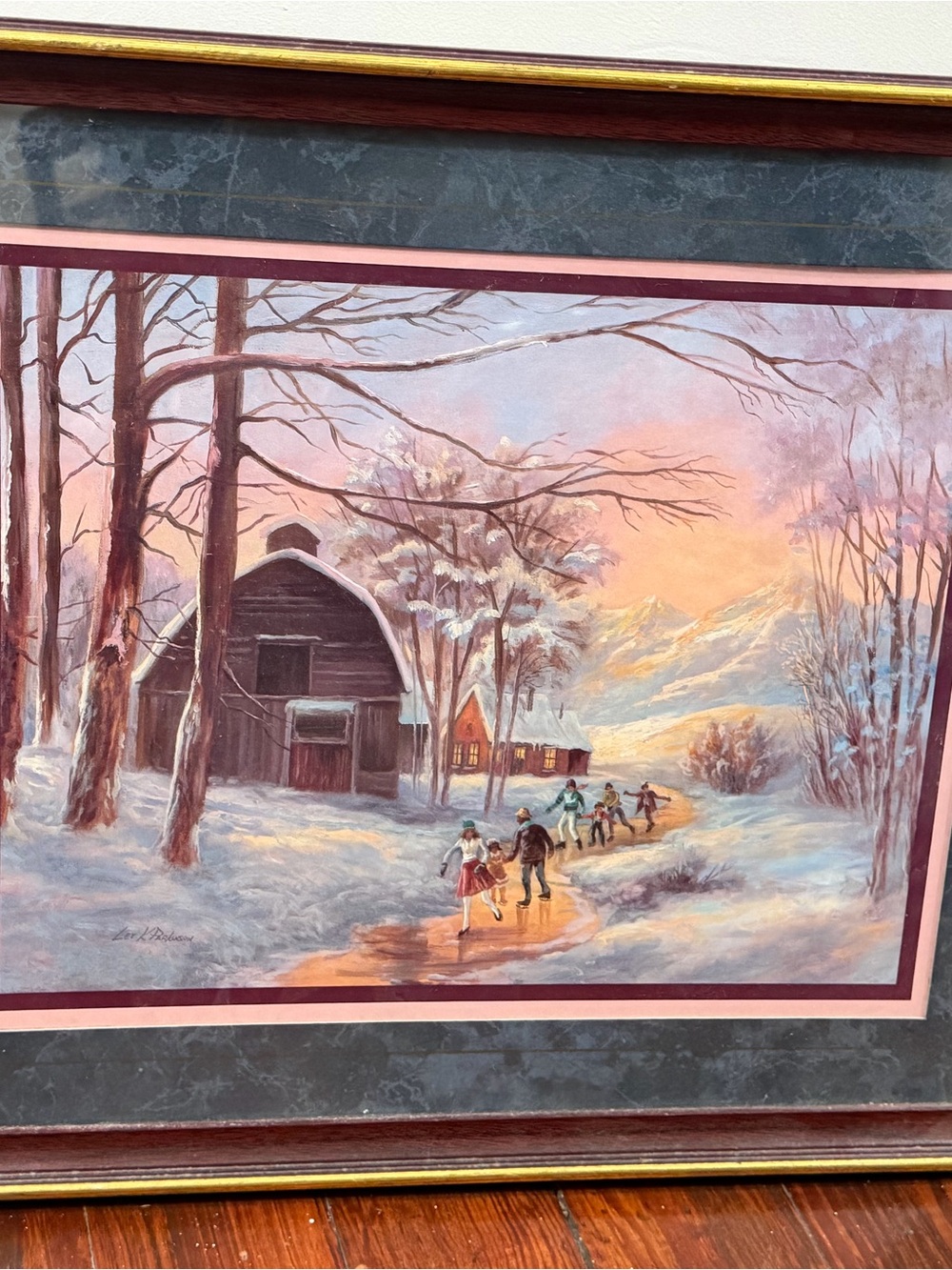 Vintage Home Interiors Winter Barn Landscape Wall Art Pink and Blue Scenic Print